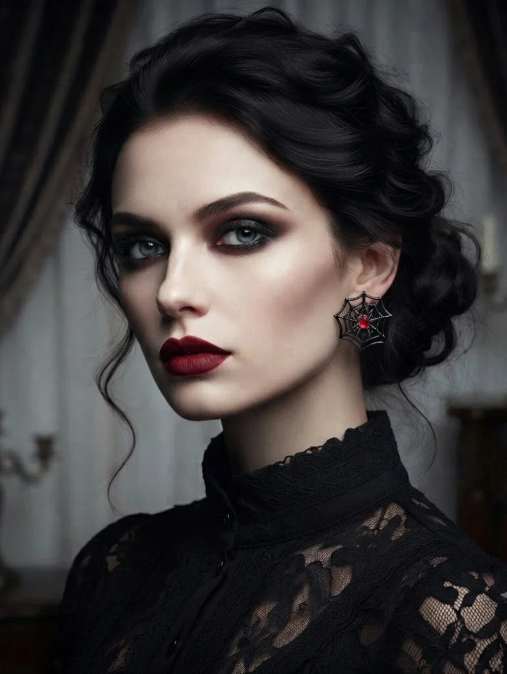 Gorgeous Retro Gothic Spider Web Stud Earrings with Ruby Color Decor Faux Fashio
